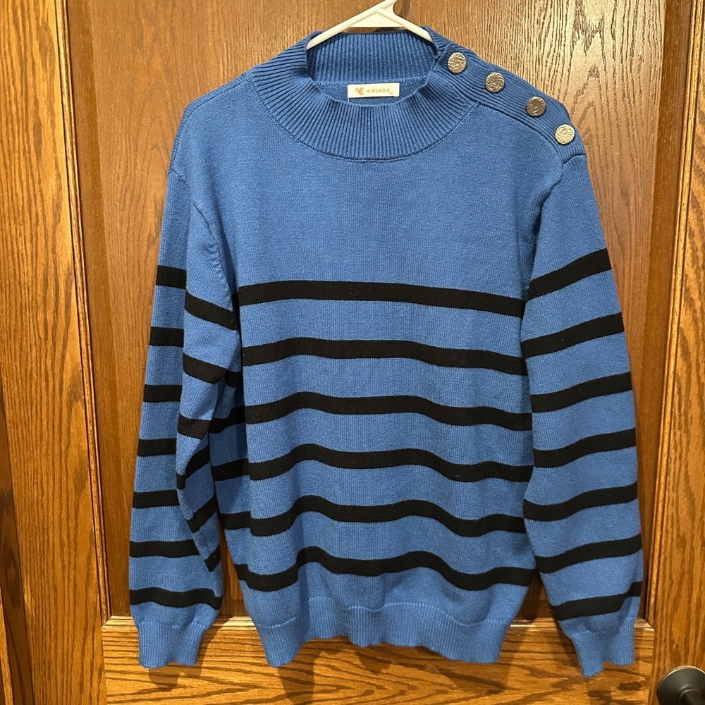 KIRUNDO Women Blue Black Stripe Mock Neck Button Shoulder Sweater‎ XL